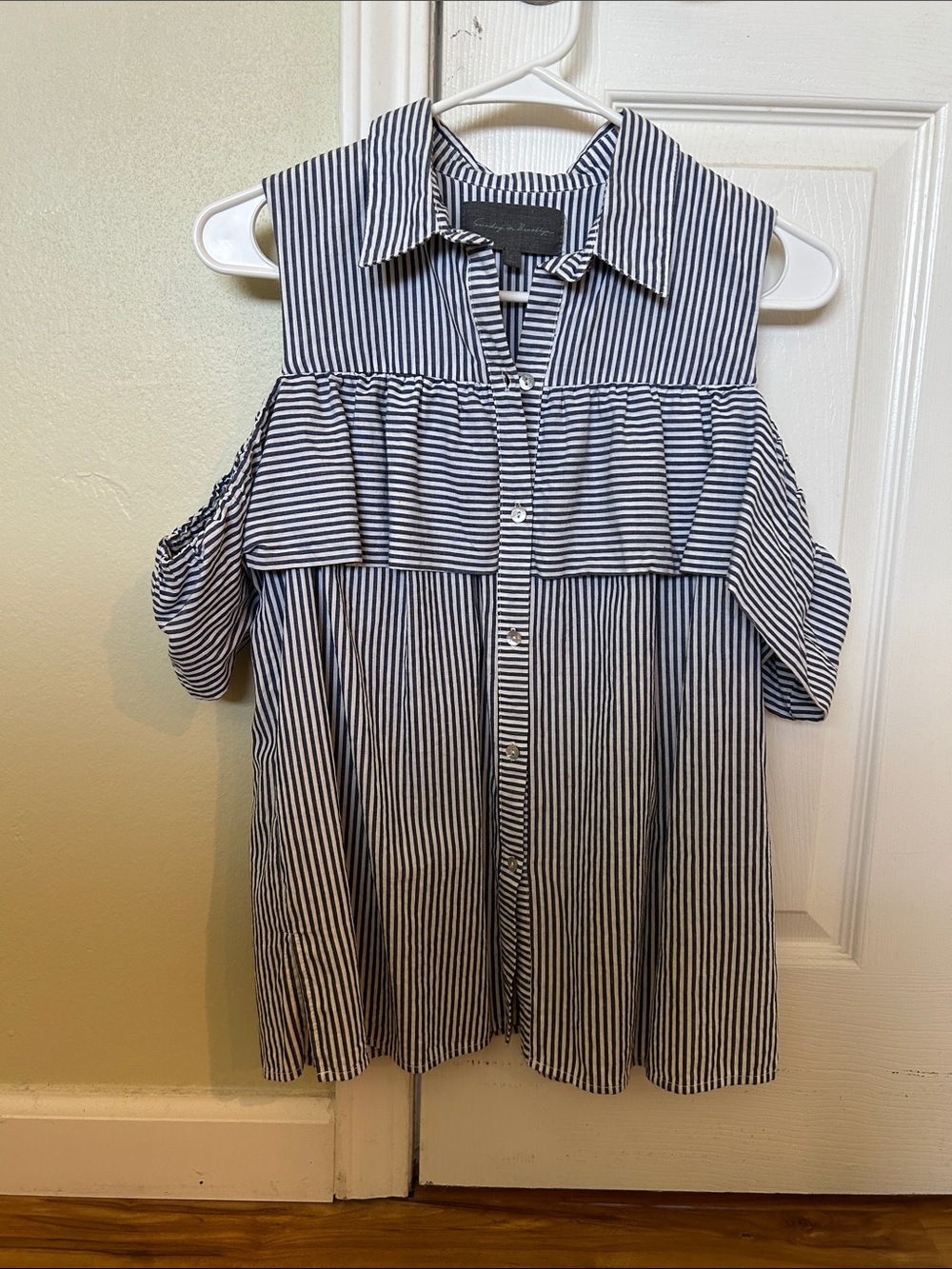 Anthropologie Navy and White Striped Cold-Shoulder Button-Front Blouse
